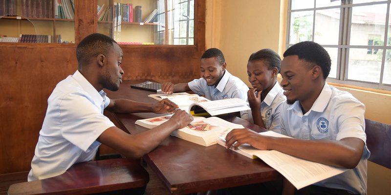 Students studying together in the library